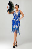 Royal Blue Sequin Gatsby Short 1920s Dress With Fringes