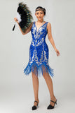 Royal Blue Sequin Gatsby Short 1920s Dress With Fringes
