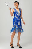 Royal Blue Sequin Gatsby Short 1920s Dress With Fringes