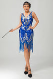 Royal Blue Sequin Gatsby Short 1920s Dress With Fringes