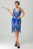 Royal Blue Sequin Gatsby Short 1920s Dress With Fringes