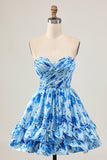 Strapless A Line Blue Floral Short Ruched Graduation Dress
