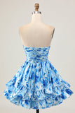 Strapless A Line Blue Floral Short Ruched Graduation Dress