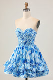 Strapless A Line Blue Floral Short Ruched Graduation Dress