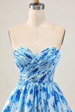 Strapless A Line Blue Floral Short Ruched Graduation Dress
