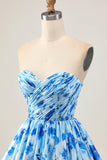 Strapless A Line Blue Floral Short Ruched Graduation Dress