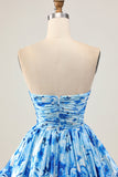 Strapless A Line Blue Floral Short Ruched Graduation Dress