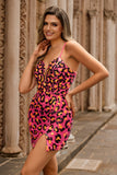 Sequin Fuchsia Spaghetti Straps Tight Graduation Dress with Slit