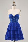Strapless A-Line Tiered Corset Royal Blue Graduation Dress with Beading
