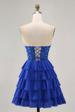 Strapless A-Line Tiered Corset Royal Blue Graduation Dress with Beading