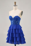 Strapless A-Line Tiered Corset Royal Blue Graduation Dress with Beading
