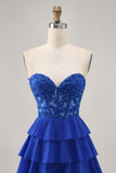 Strapless A-Line Tiered Corset Royal Blue Graduation Dress with Beading