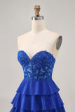 Strapless A-Line Tiered Corset Royal Blue Graduation Dress with Beading