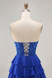 Strapless A-Line Tiered Corset Royal Blue Graduation Dress with Beading