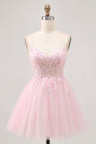 Pink A Line Corset Tulle Short Graduation Dress with Appliques