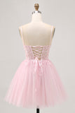 Pink A Line Corset Tulle Short Graduation Dress with Appliques