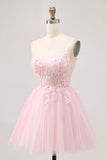 Pink A Line Corset Tulle Short Graduation Dress with Appliques