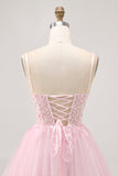 Pink A Line Corset Tulle Short Graduation Dress with Appliques