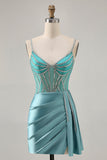 Sparkly Green Satin Bodycon Beaded Short Graduation Dress with Streamer