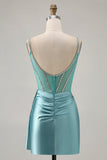 Sparkly Green Satin Bodycon Beaded Short Graduation Dress with Streamer