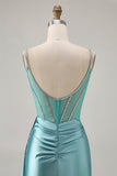 Sparkly Green Satin Bodycon Beaded Short Graduation Dress with Streamer