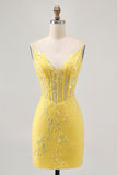 Floral Yellow Corset Tight Short Graduation Dress with Sequins