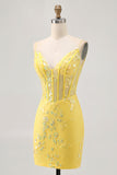 Floral Yellow Corset Tight Short Graduation Dress with Sequins