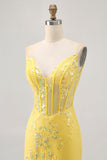 Floral Yellow Corset Tight Short Graduation Dress with Sequins