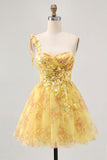 Yellow One Shoulder Sequins Printed A Line Graduation Dress