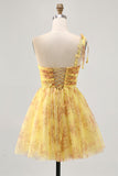Yellow One Shoulder Sequins Printed A Line Graduation Dress
