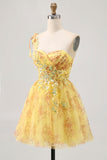 Yellow One Shoulder Sequins Printed A Line Graduation Dress