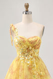 Yellow One Shoulder Sequins Printed A Line Graduation Dress