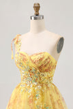 Yellow One Shoulder Sequins Printed A Line Graduation Dress