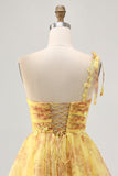 Yellow One Shoulder Sequins Printed A Line Graduation Dress