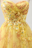 Yellow One Shoulder Sequins Printed A Line Graduation Dress