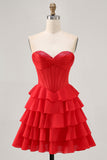 Strapless Red A Line Tiered Corset Short Graduation Dress