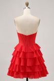 Strapless Red A Line Tiered Corset Short Graduation Dress