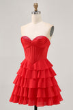 Strapless Red A Line Tiered Corset Short Graduation Dress