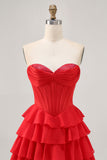 Strapless Red A Line Tiered Corset Short Graduation Dress