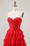 Strapless Red A Line Tiered Corset Short Graduation Dress