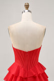 Strapless Red A Line Tiered Corset Short Graduation Dress