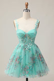 Green Corset A-Line Floral Short Graduation Dress with Lace Up Back