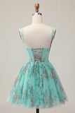 Green Corset A-Line Floral Short Graduation Dress with Lace Up Back