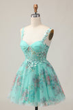 Green Corset A-Line Floral Short Graduation Dress with Lace Up Back