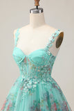 Green Corset A-Line Floral Short Graduation Dress with Lace Up Back