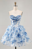 White Blue Flower A-Line Strapless Sequins Printed Graduation Dress