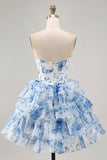 White Blue Flower A-Line Strapless Sequins Printed Graduation Dress
