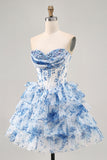 White Blue Flower A-Line Strapless Sequins Printed Graduation Dress