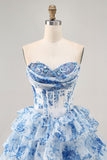 White Blue Flower A-Line Strapless Sequins Printed Graduation Dress