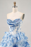 White Blue Flower A-Line Strapless Sequins Printed Graduation Dress